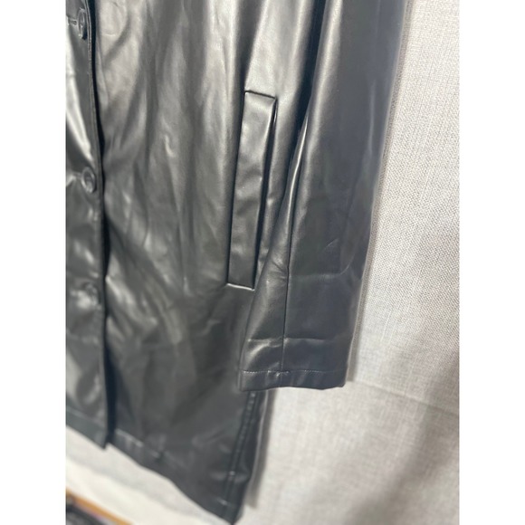 Vigoss Black Faux Leather Coat Women's Long Button Up Jacket Size L Blazer - Picture 3 of 12